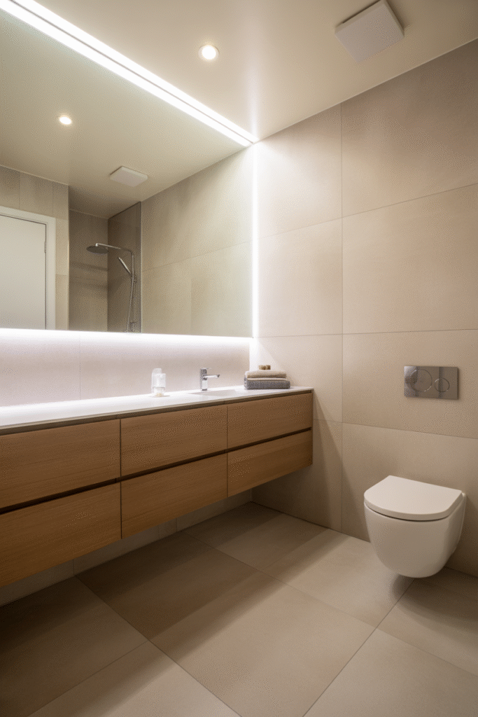 Floating bathroom vanity and wall-mounted toilet creating open floor space and modern minimal look.