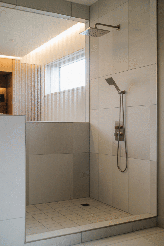Walk-in frameless shower with curbless entry and continuous tiling for easy cleaning.