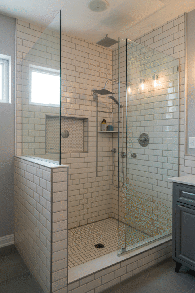 Walk-in frameless shower with curbless entry and continuous tiling for easy cleaning.