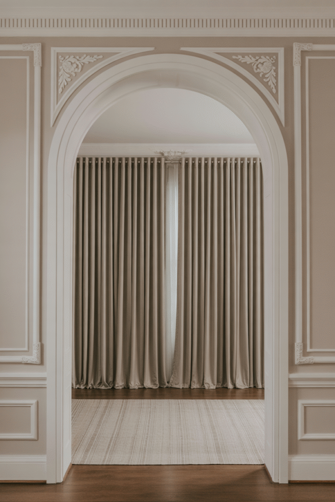 Curtains with architectural trims and cornices on floor-to-ceiling windows.