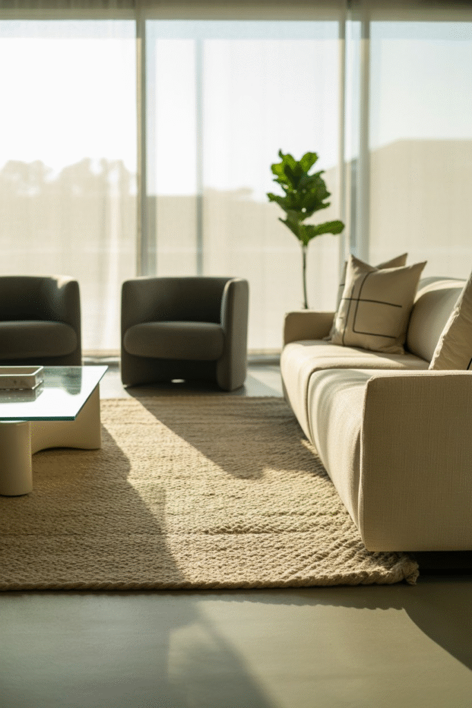 Modern living room with wool rug anchoring neutral furniture and soft daylight ambiance.