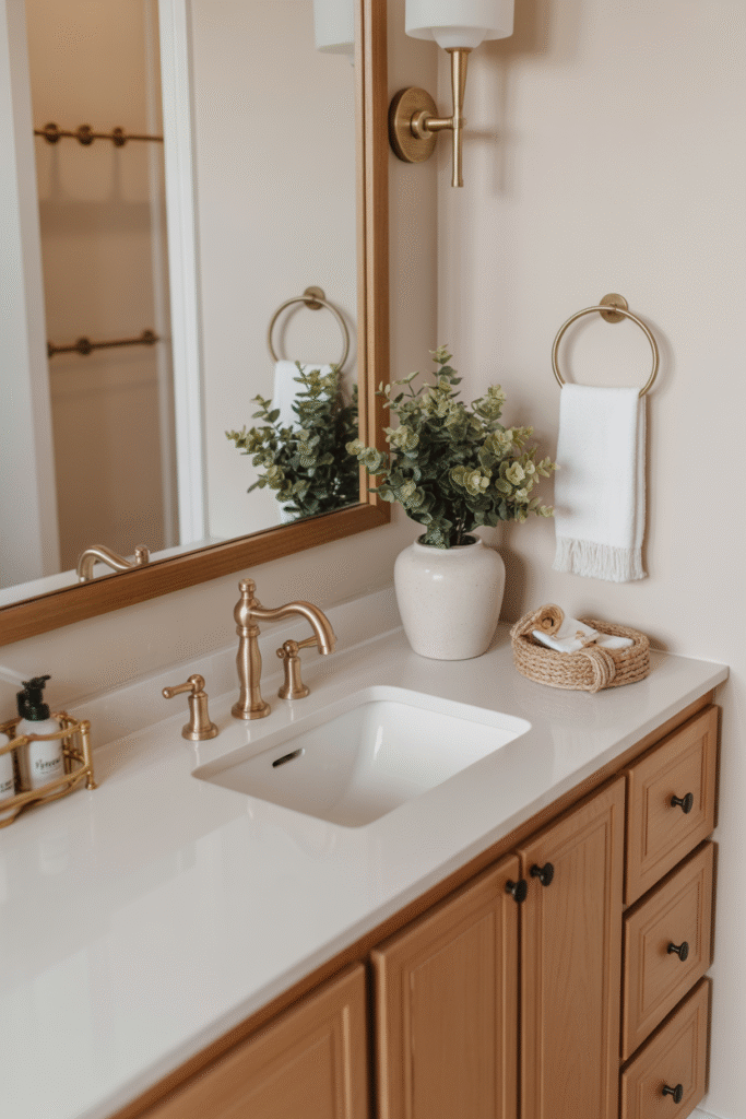 White quartz countertop with under-mount sink and brass fixtures emphasizing easy upkeep.