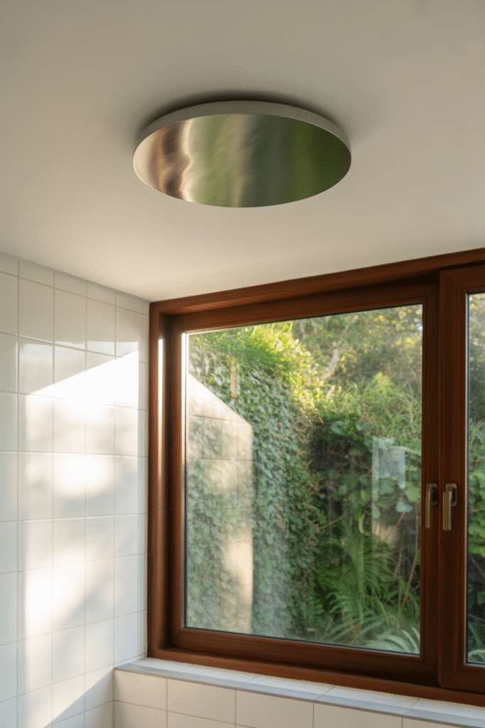 Bathroom with ceiling vent and window for moisture control and ventilation.