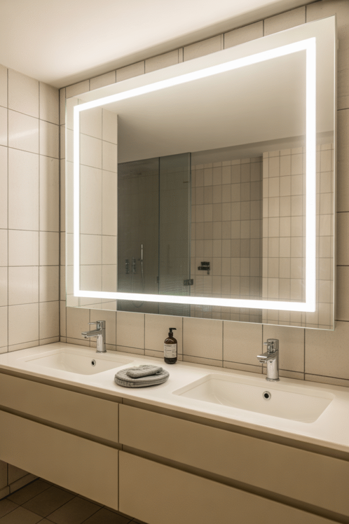 Large frameless bathroom mirror with LED lighting reflecting bright minimalist interior.