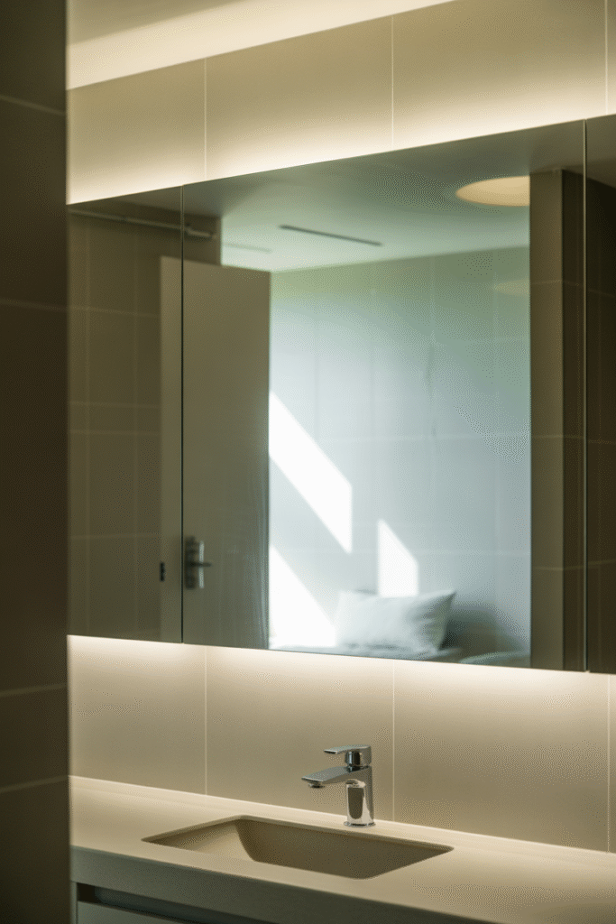 Large frameless bathroom mirror with LED lighting reflecting bright minimalist interior.