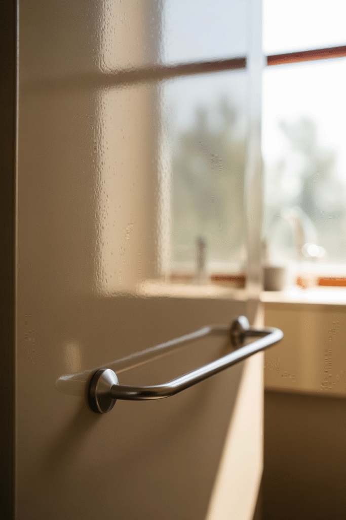 Moisture-resistant satin bathroom wall paint in neutral tone with natural daylight.