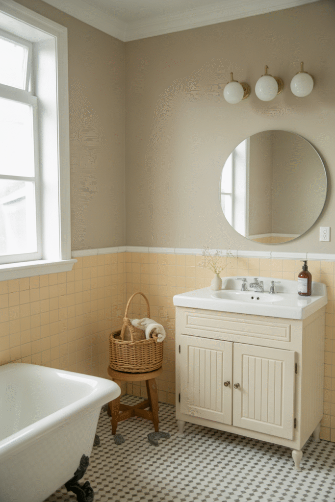 Moisture-resistant satin bathroom wall paint in neutral tone with natural daylight.