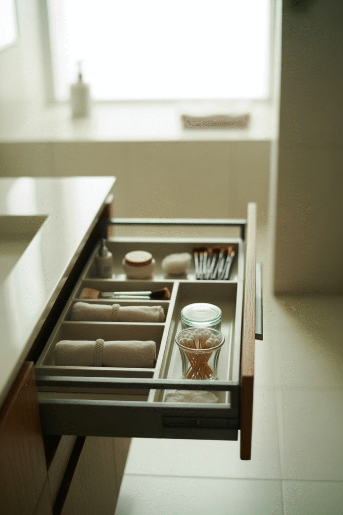 Bathroom vanity drawer with neatly organized compartments for clutter-free design.