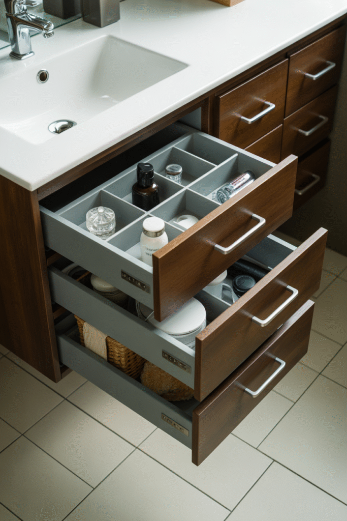 Bathroom vanity drawer with neatly organized compartments for clutter-free design.