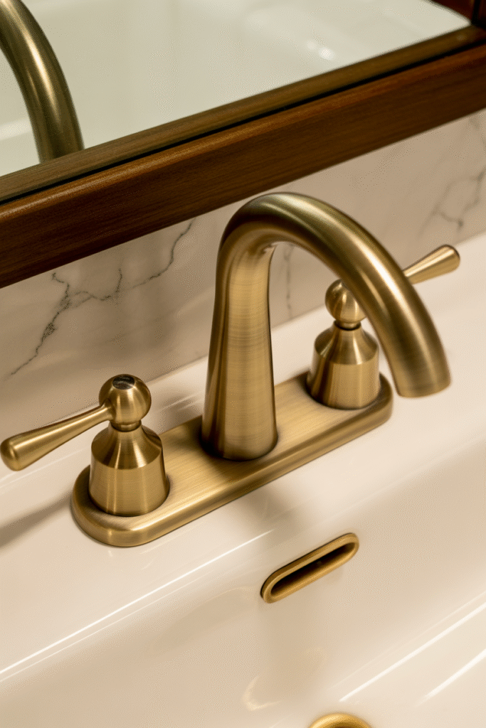 Brushed brass bathroom fixtures with timeless matte finish for low-maintenance elegance.