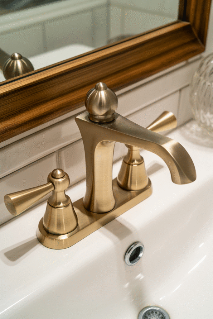 Brushed brass bathroom fixtures with timeless matte finish for low-maintenance elegance.