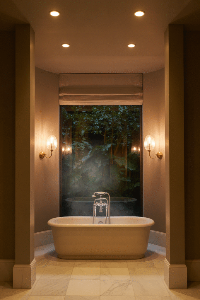 Bathroom lighting setup with recessed ceiling lights and wall sconces for warm ambience.