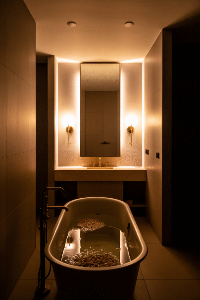 Bathroom lighting setup with recessed ceiling lights and wall sconces for warm ambience.