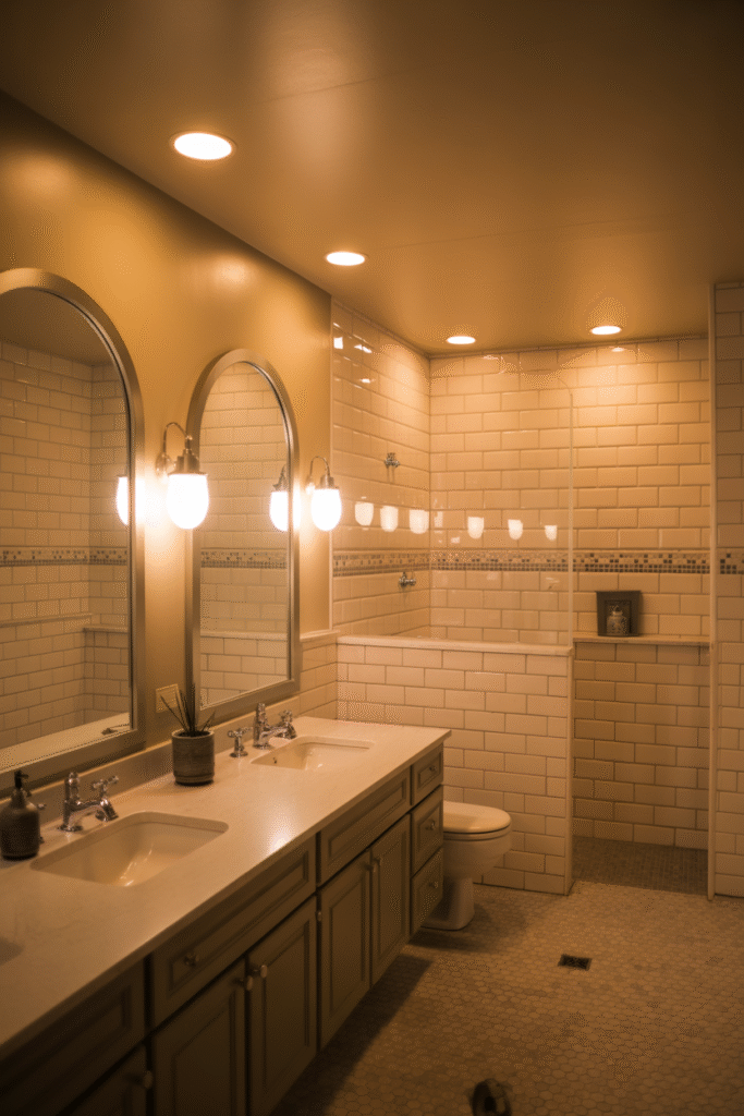 Bathroom lighting setup with recessed ceiling lights and wall sconces for warm ambience.