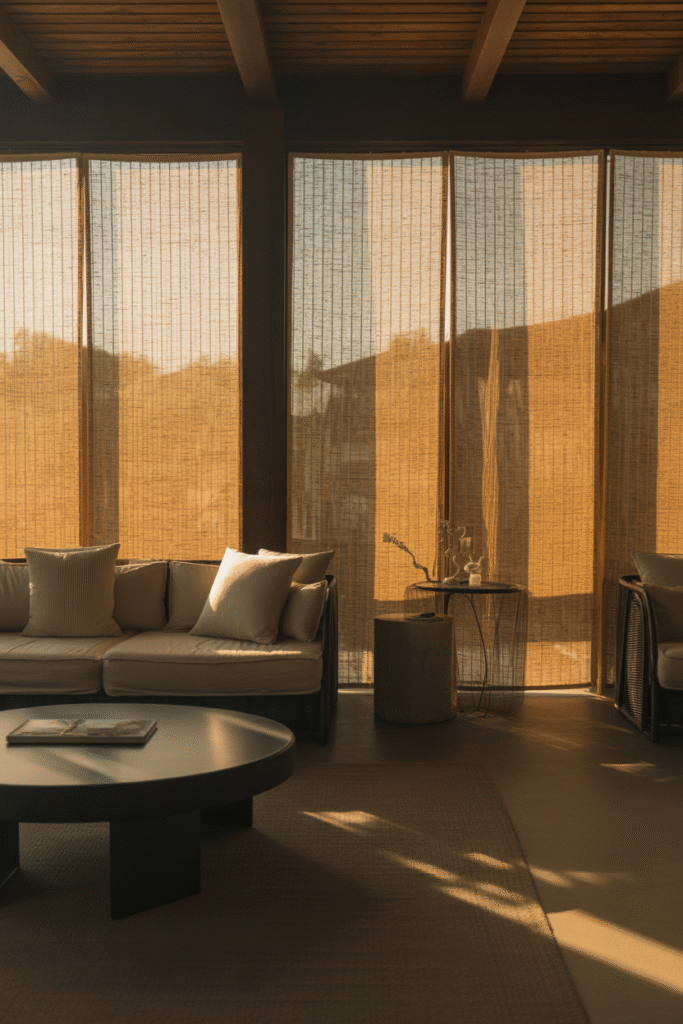 Bamboo woven shades covering tall windows in a rustic-modern room.