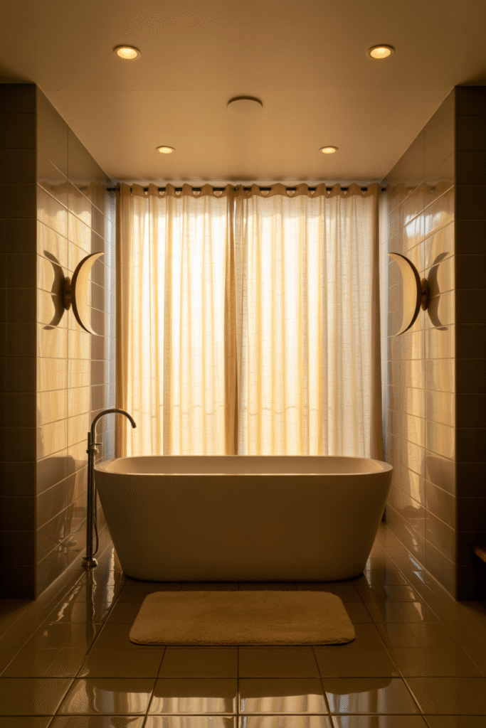 Bathroom lighting setup with recessed ceiling lights and wall sconces for warm ambience.