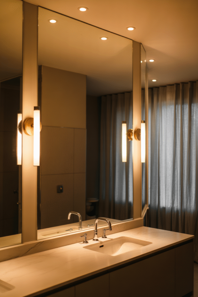 Bathroom lighting setup with recessed ceiling lights and wall sconces for warm ambience.