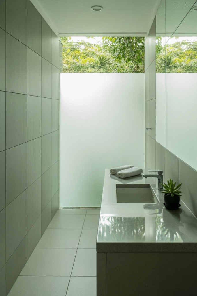 Seamless porcelain-tiled bathroom with quartz vanity and soft natural lighting for a sleek, low-maintenance design.