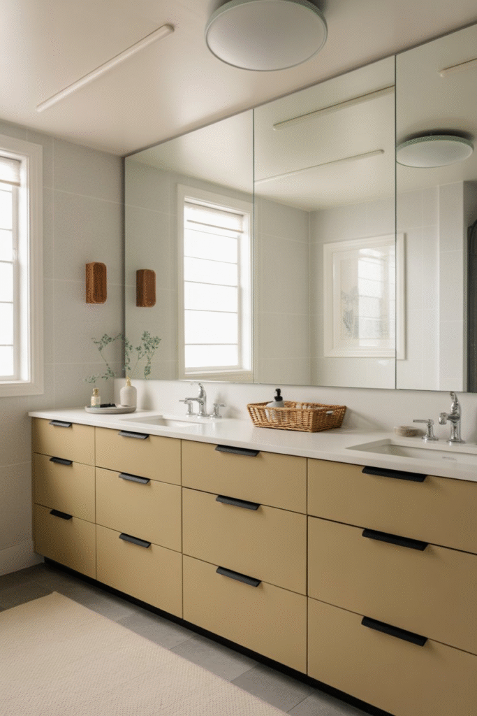 As a part of low maintenance bathroom this picture shows a minimalist bathroom vanity with recessed storage and clutter-free surfaces.