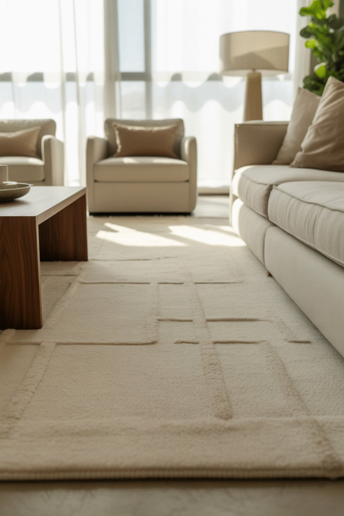 As a part of living room rug ideas this picture shows a modern living room with wool rug anchoring neutral furniture and soft daylight ambiance.