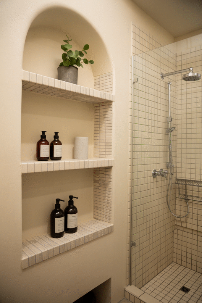 Minimalist bathroom vanity with recessed storage and clutter-free surfaces.