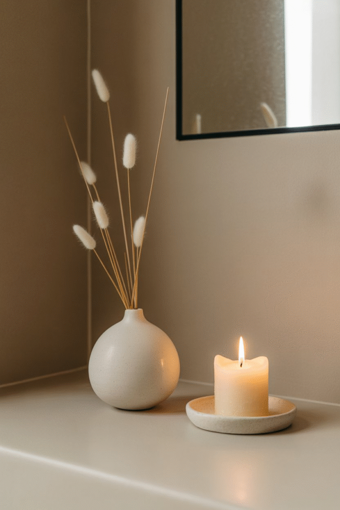 Minimalist bathroom decor with single vase and candle symbolizing simplicity and balance.