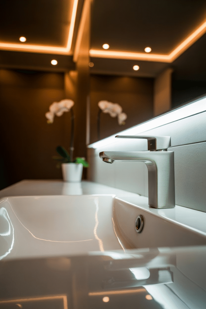 Modern bathroom with touchless faucet and sensor lighting enhancing hygiene and ease.