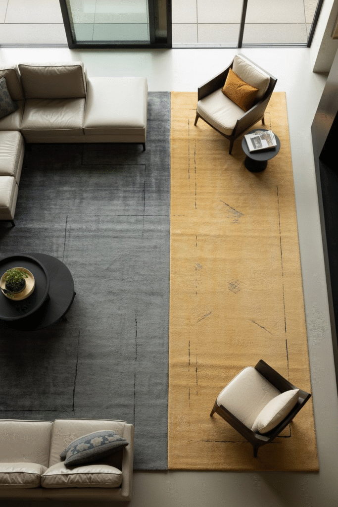 Open-concept living room using rugs to define seating and reading zones.