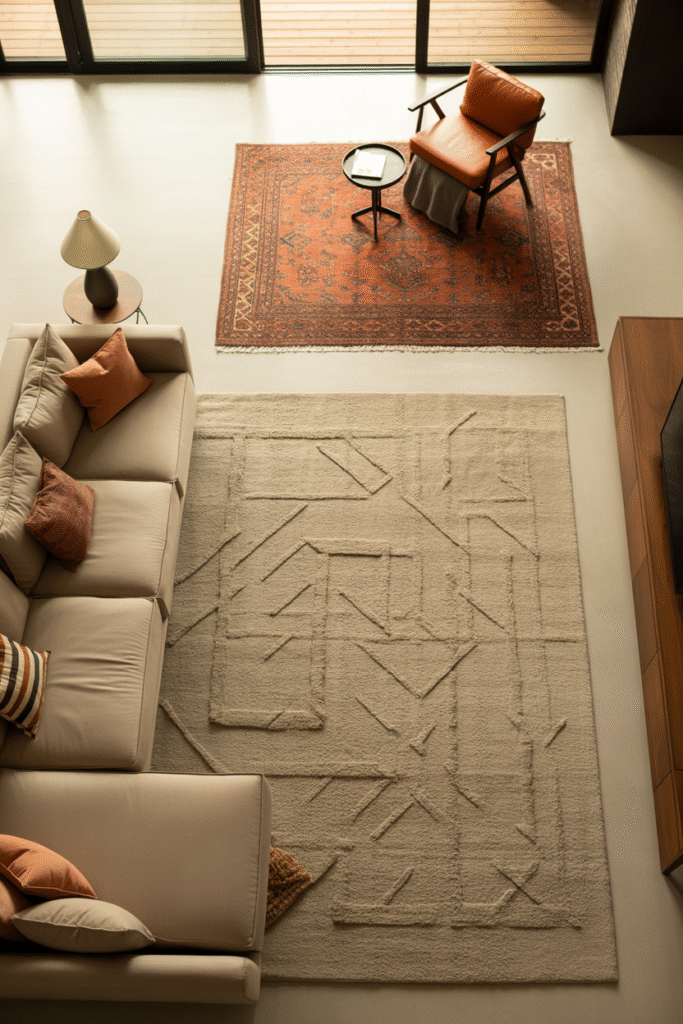 Open-concept living room using rugs to define seating and reading zones.