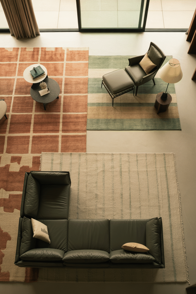 Open-concept living room using rugs to define seating and reading zones.