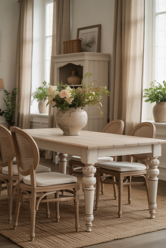French farmhouse table with turned legs and oak top styled in a cozy neutral dining room.