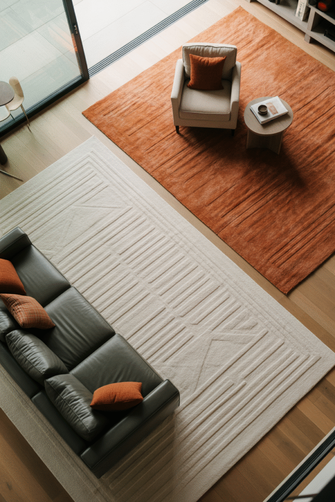 Open-concept living room using rugs to define seating and reading zones.