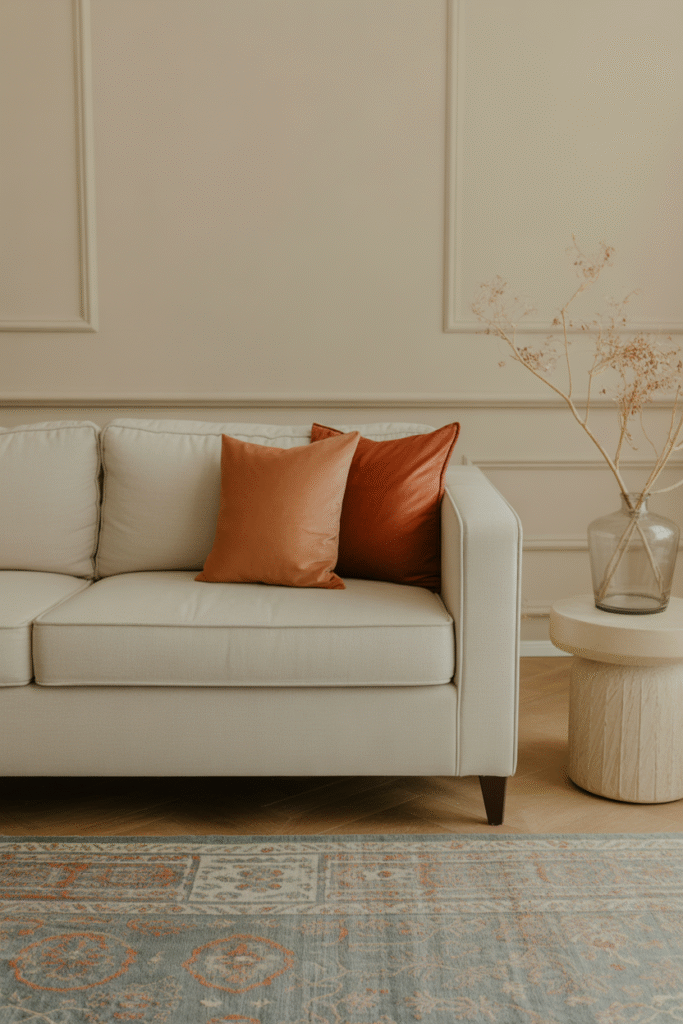 Living room with muted blue rug creating warmth and contrast in earthy color scheme.