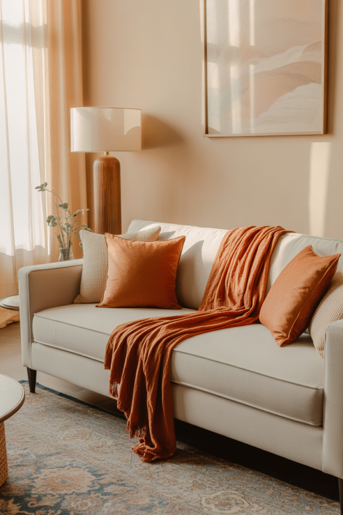 Living room with muted blue rug creating warmth and contrast in earthy color scheme.