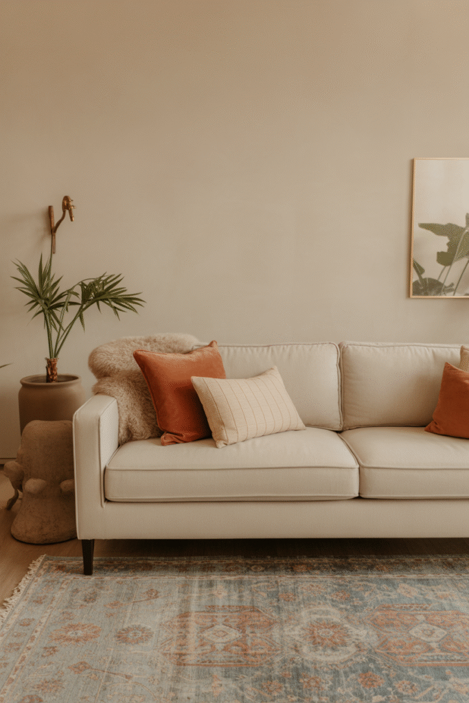 Living room with muted blue rug creating warmth and contrast in earthy color scheme.