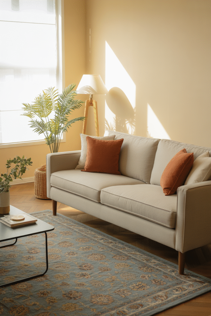 Living room with muted blue rug creating warmth and contrast in earthy color scheme.