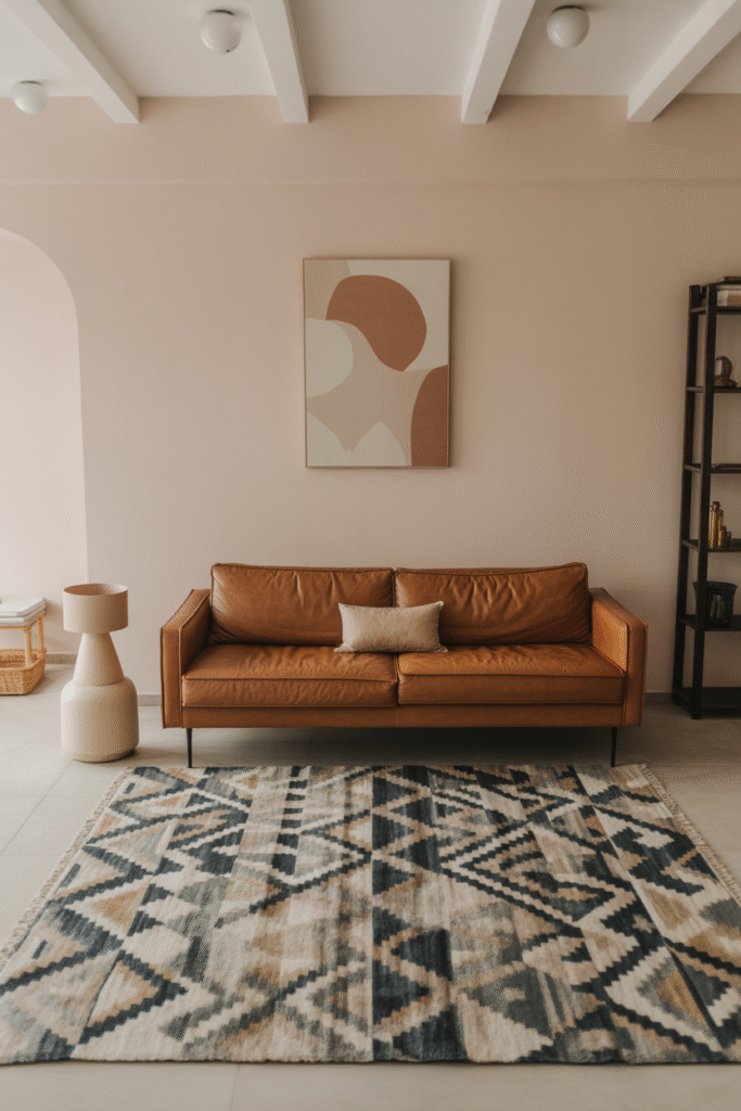 Geometric patterned rug adding personality to modern neutral living room.