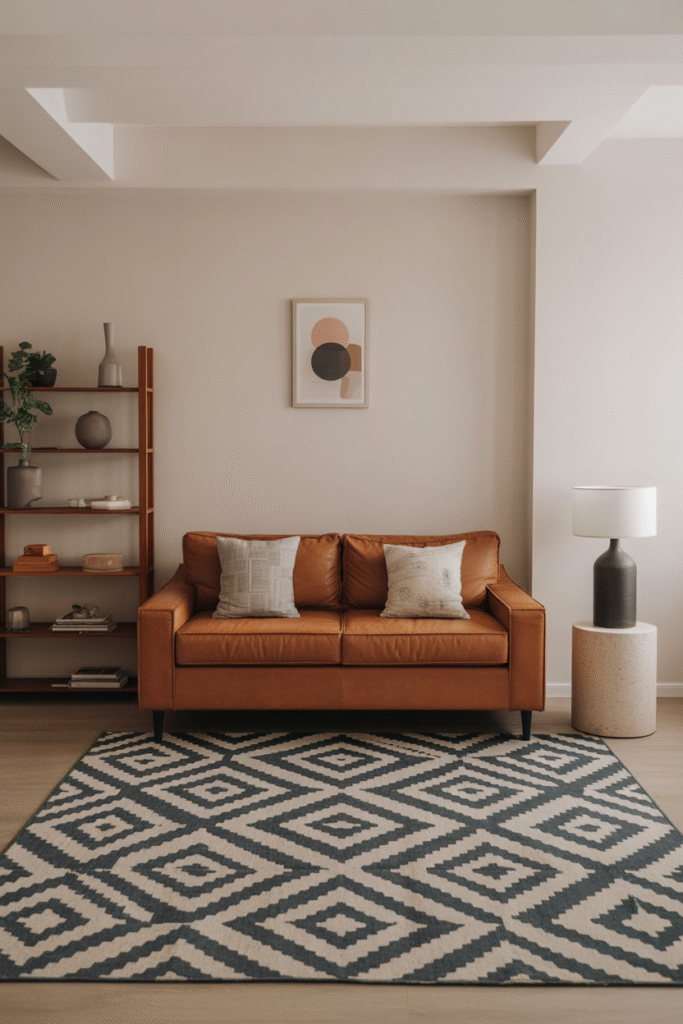 Geometric patterned rug adding personality to modern neutral living room.