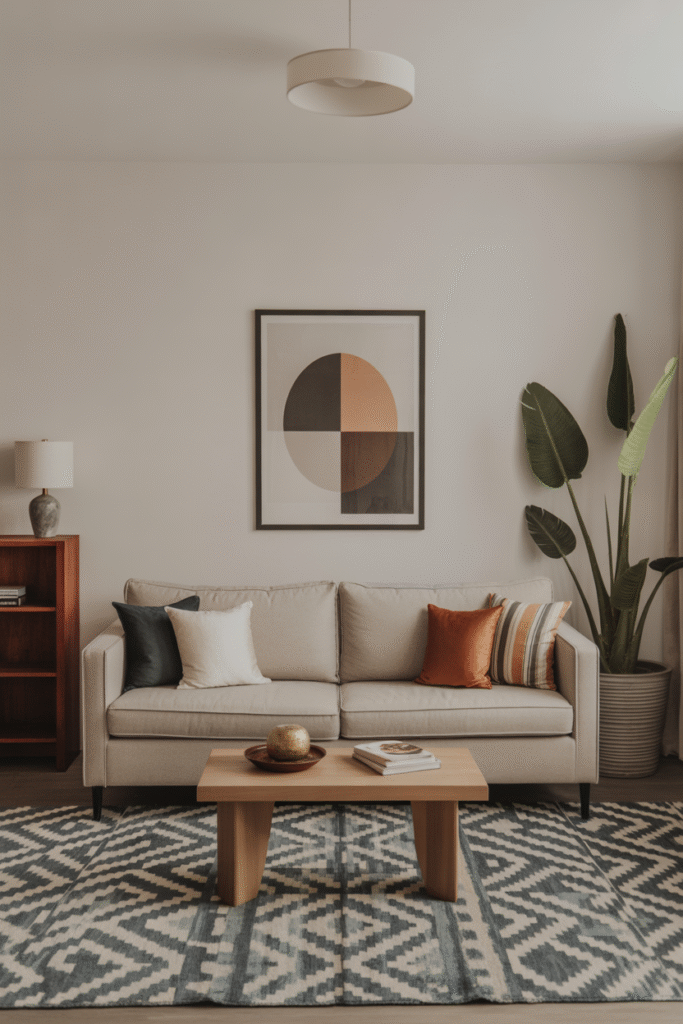 Geometric patterned rug adding personality to modern neutral living room.