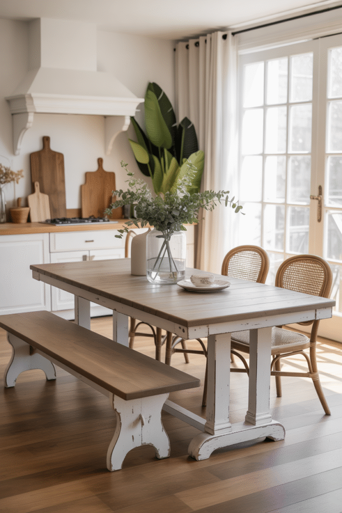 Two-tone French farmhouse table with distressed white base and wooden top in bright kitchen.