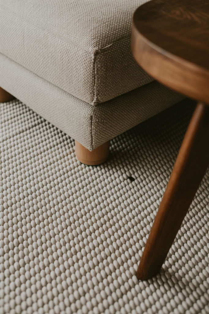 Textured wool rug detail under wooden furniture creating cozy layered look.