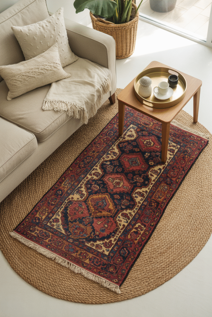 Layered jute and patterned rugs creating depth and warmth in boho living room.