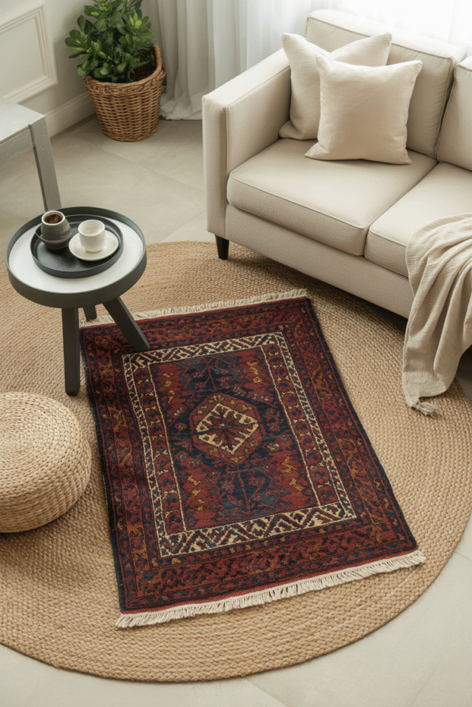 Layered jute and patterned rugs creating depth and warmth in boho living room.