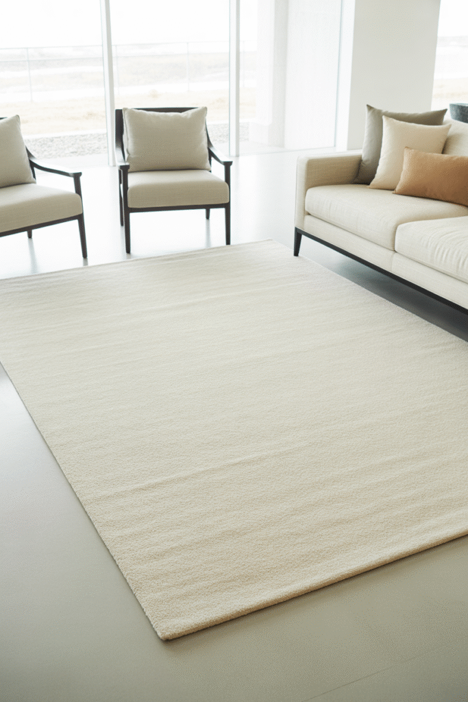 Correctly sized rug grounding living room furniture for cohesive composition.