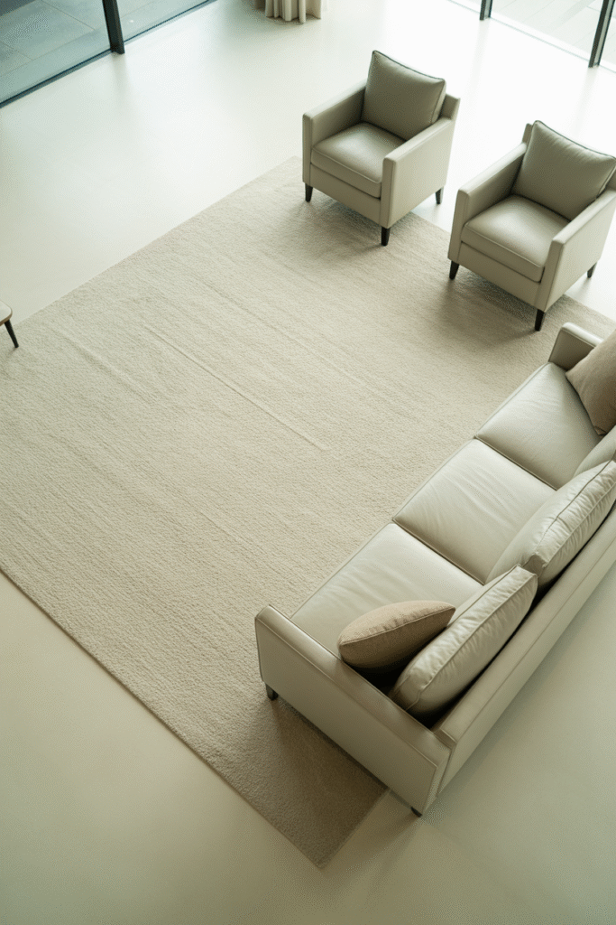 Correctly sized rug grounding living room furniture for cohesive composition.