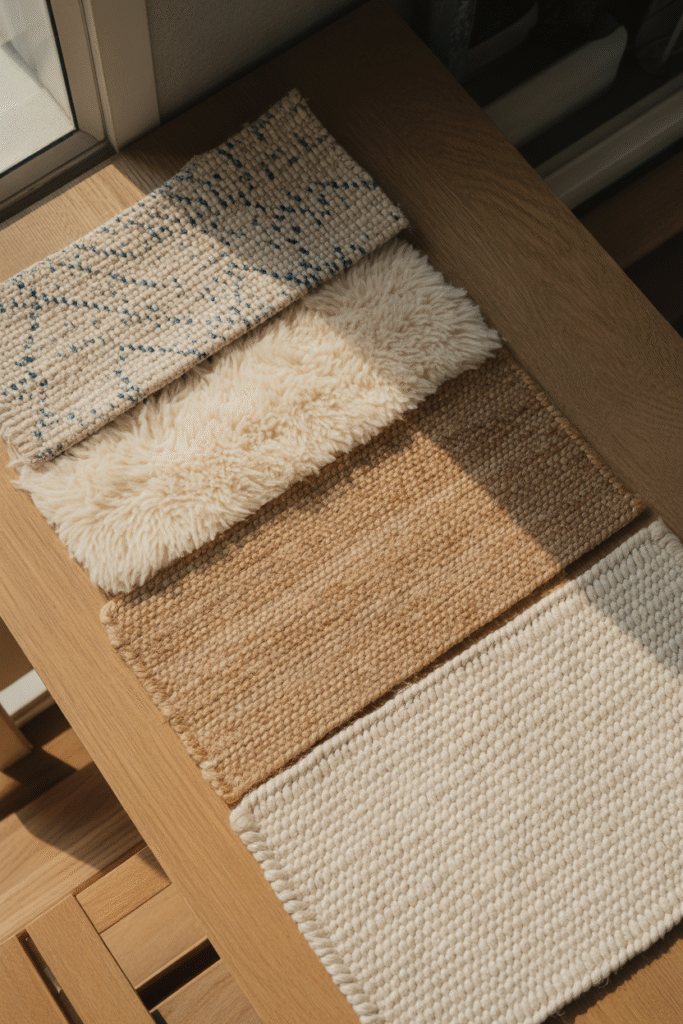 Rug fiber samples including wool, cotton, jute, and synthetic options displayed naturally.