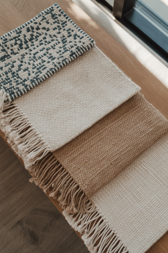 Rug fiber samples including wool, cotton, jute, and synthetic options displayed naturally.