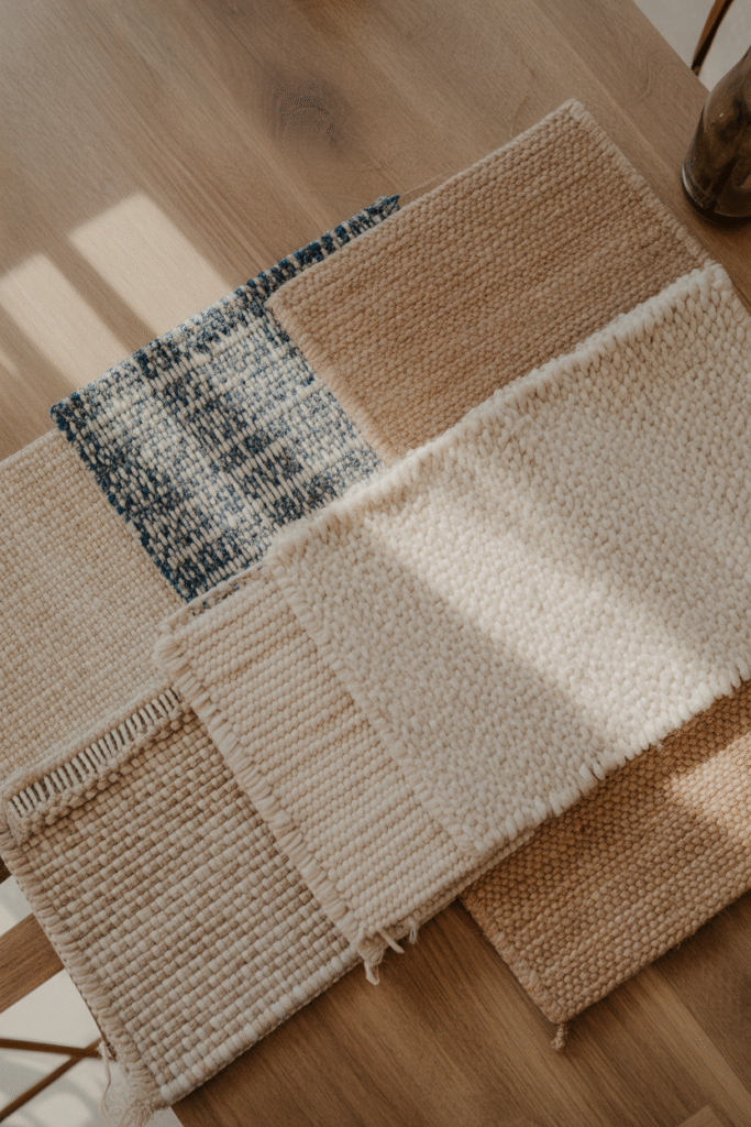 Rug fiber samples including wool, cotton, jute, and synthetic options displayed naturally.