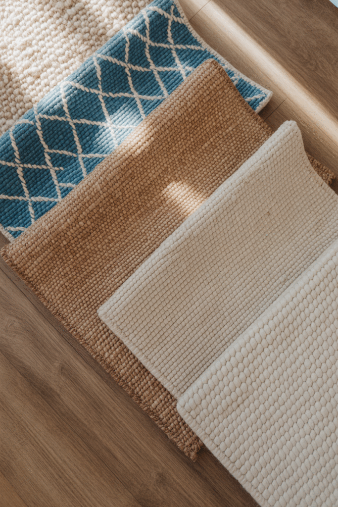 Rug fiber samples including wool, cotton, jute, and synthetic options displayed naturally.
