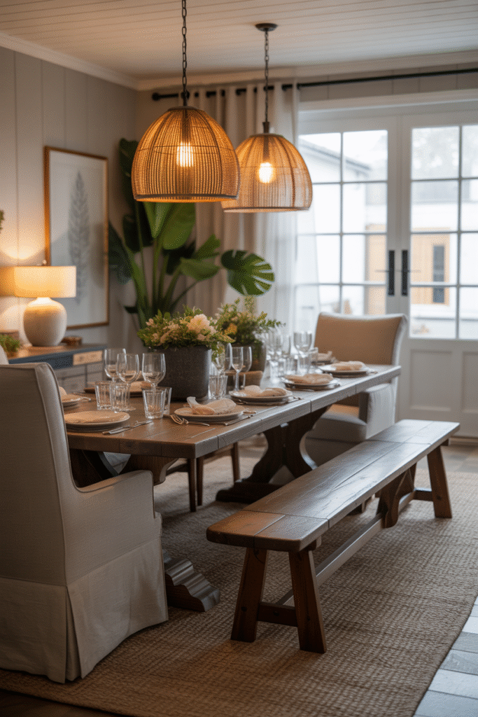 French farmhouse dining setup with bench and upholstered chairs under warm pendant lighting.